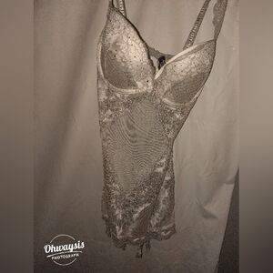 Silver Lace Slip Dress with Built-In Bra